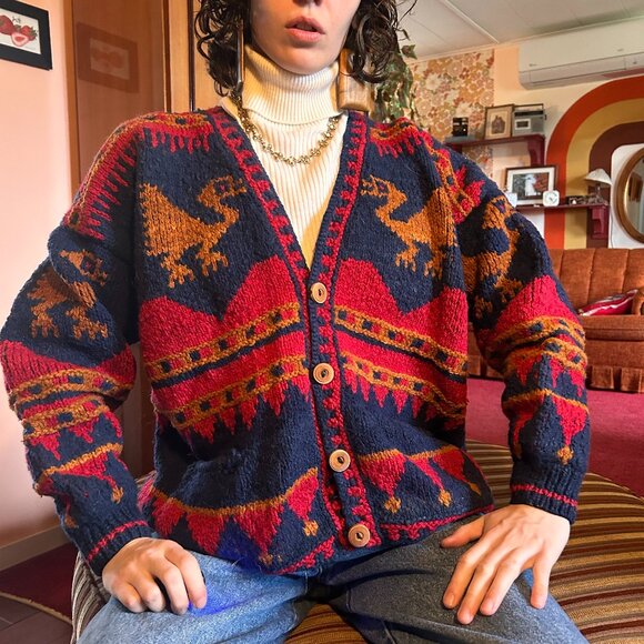 70s 80s 100% pure wool knitted red and blue cardigan - Toshy Made In Bolivia! - Picture 2 of 15